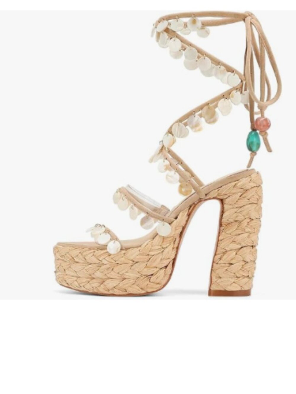 FYS Beige Strappy Platform Sandal Chunky High Heels Lace Up Shell Decorated Shoe